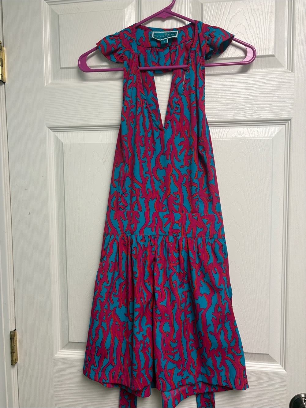 Southern Frock Pink/Teal Coral Print Halter Top Romper Size Small